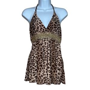 Wild Cat Leopard Print Halter Top Gold Braided Waist Babydoll Fairy Grunge Y2K S